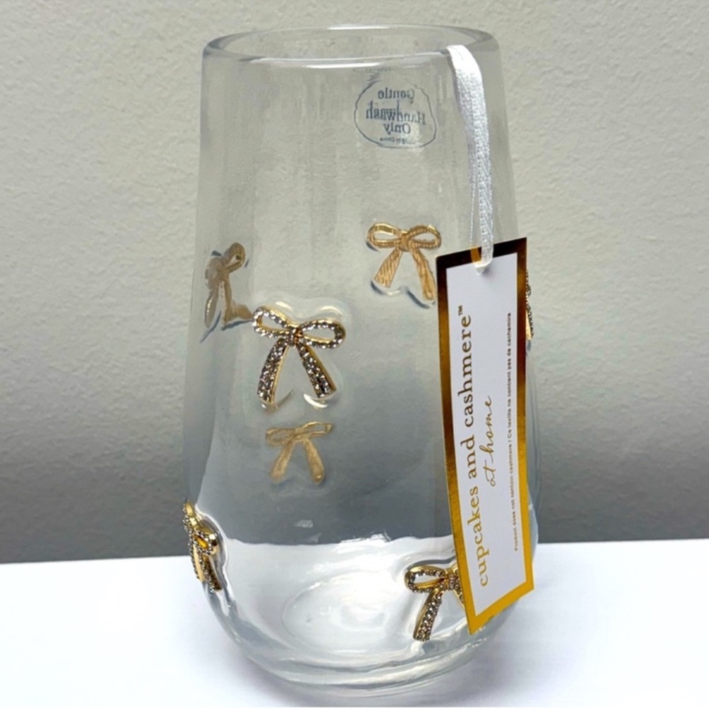 New Cupcakes & Cashmere Rhinestone Gold Bow Ribbon Glass Embedded Bow Vase